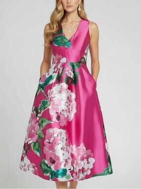 NWT KAY UNDER Raina Spring Pink Floral V-Neck Sleeveless Lined Dress Size 8